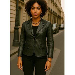 Vintage Leather Blazer Jacket Women’s EU38/US6 Green Notched Lapel Single Button